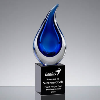 blue art glass teardrop award for employee recognition